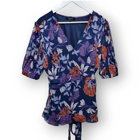 Koko Lovedrobe Chiffon Wrap Top Womens Size 20 Blue Purple Floral V Neck Lined - Picture 2 of 7
